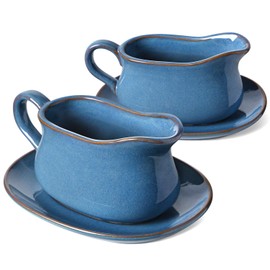 LE TAUCI 17oz Gravy Boat with Saucer Stand, Set of 2, Ceramic Sauce Boat with Tray for Salad Dressings, Creamer, Broth, Black Pepper, Ceylon Blue