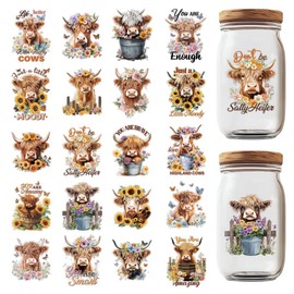 GOMAKERER 20 Blatt UV DTF Kaffeefolien Highland Cow Transferaufkleber Tiere Kunststoff Wärmefolie Aufkleber Für Glas Tassen Milch Tee Kaffeetassen Behälterdekor