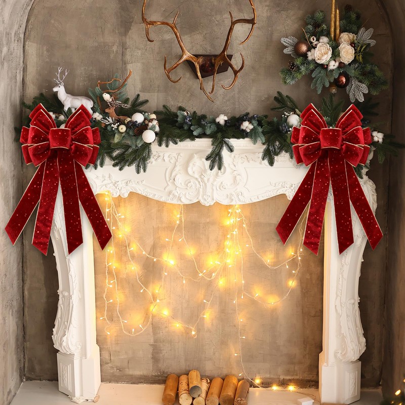 Vickasi Christmas Wreath Bows for Front Door, Glitter Red Velvet