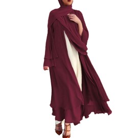 Burgundy XL Women's Muslim Chiffon Kaftan Abaya Robe - Open Front Kimono Caftan Islamic Dress - Loose Full Cover Casual Ruffle Sleeve Robe
