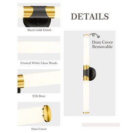 Modern Wall Sconce, HWH 27'' Black Gold Bathroom Vanity Light with Frosted White Glass Shade, 2-Light Vanity Light Bar Vertical and Horizontal Cylinder Wall Lamp, 5HZG105BG BK+BG