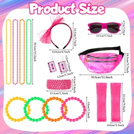 PANTIDE 80s Fancy Dress Party Costumes Accessories with Mesh Sleeve Fishnet Gloves Necklace Earring Bracelet Hairband Sunglasses Waist Pack for Girl Women Retro Lace Neon Outfit for Disco Cosplay