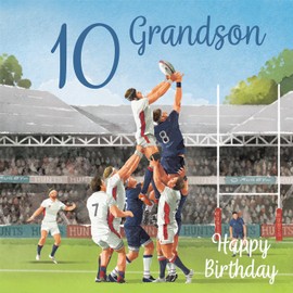 Hunts England - 10th Grandson Rugby Birthday Card - Milo's Gallery - Age 10 Sport Fun Birthday Card For Grandson - Birthday Card For 10 Year Old Rugby Fan - Age Ten