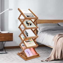 Bamboo Magazine Rack Literature Display Stand Height Adjustable Floorstanding