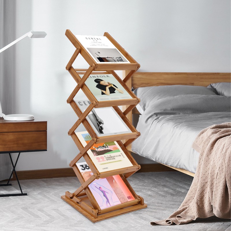 Bamboo Magazine Rack Literature Display Stand Height Adjustable Floorstanding