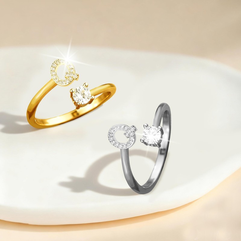 ABJFJE Adjustable Gold Silver Letter Rings for Women Dainty Crystal