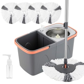 Spin Mop and Double Bucket Set with 5 Reusable Microfiber mop Head Dual-Chamber Water System Spining Mop Floor Cleaning Kit for Hardwood Tile Laminate Floors (Gray)
