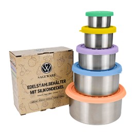 Sageware Lebensmittelbehälter aus Edelstahl mit Silikondeckel 5er-Set Brotdosen Auslaufsicher Dicht Stapelbar 680ml+400ml+200ml+100ml+50ml Set
