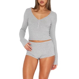 FWBBG Womens 2 Piece Pajama Sets Button Down Crop Tops Long Sleeve V Neck Matching With PJ Shorts Y2k Fall Outfits Lounge Sleepwear Set(Short-Grey, Small)