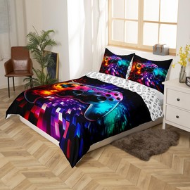 Manfei Modern Gamer Duvet Cover Set Twin Size, Geometric Gamepad Comforter Cover with 1 Pillowcase, Video Games Bedding Set 2pcs for Kids Boys Teens Bedroom Decor Gaming Reversible Bedspread Cover