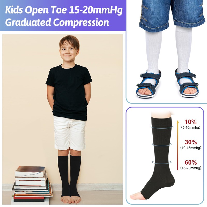 Shinymoon 4 Pairs Kids Open Toe Compression Socks 15-20 Mmhg
