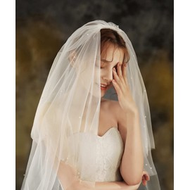 JWICOS Velo de boda de 2 niveles para novias corto de tul para novia, accesorios para el pelo con peine y borde cortado, diadema de velo de perlas para despedida de soltera (blanco)