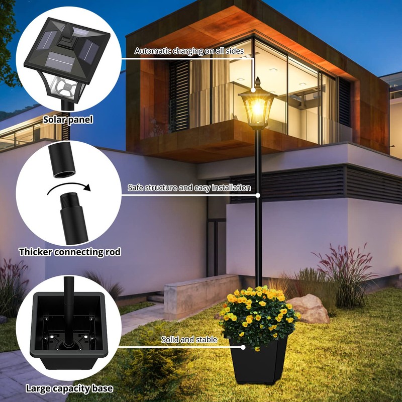 ILANCK 64 Inch Solar Lamp Post Light with Planter, 60