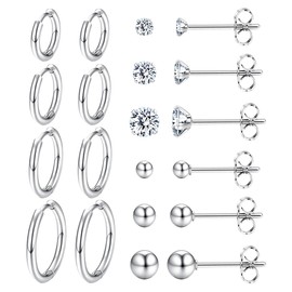 Dochais 10-12 Pairs Earring Set Earrings Silver 316L Surgical Steel Earrings Gold 14 Carat Gold-Plated Cubic Zirconia Hoop Earrings for Women Small Hypoallergenic Huggie Hoop Earrings, Stainless