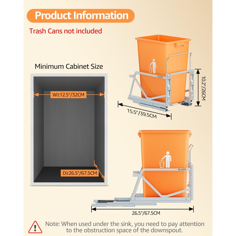 RUNMI Pull Out Trash Can Under Cabinet with Soft-Close Slides,Under