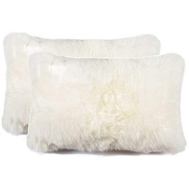 Set of 2, Natural Lush & Thick Pile Polyfil Insert Zipper Closure Genuine New Zealand Sheepskin Wool Fur Pillow, Natural, 12 in x 20 in