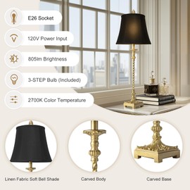 33'' Tall Vintage Table Lamp Set of 2, Candle Stick Buffet Lamps with Gold Leaf Finish and Black Linen Shades, 3-Way Dimmable Bulbs Included, Nightstand Lamps for Living Room Bedroom Dinning Entryway