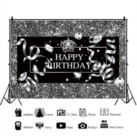 OERJU 10x7ft Black and Silver Backdrop for Luxury Girly Woman Birthday Party Picture Photography Silver Glitter Bokeh Spots Diamonds Background Photo Booth Backdrops Adults Portrait Photo Vinyl