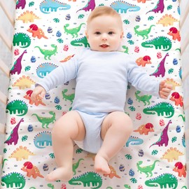 4 Pack Baby Boy Pack N Play Mini Crib Sheets Set Soft Fitted Dinosaur Theme Baby Boy Mattress Covers Breathable Toddler Sheets for Infant or Newborn (Dinosaur, Pack N Play Mini Crib Sheets)