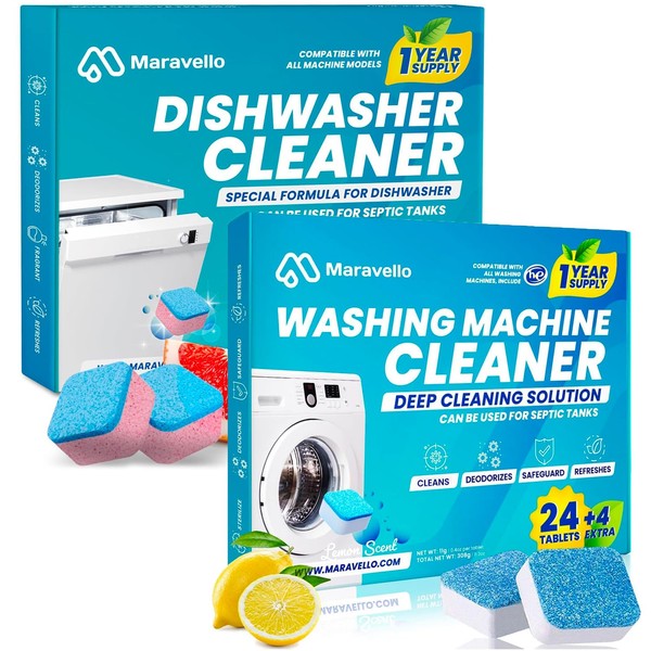 Maravello Washing Machine And Dishwasher Cleaning Tablets Bundle - Includes 12 Month Supply Dishwasher Cleaner Deodorizer and Washing Machine Descaler Deep Cleaning Tablets - 56 pcs