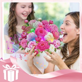 WUJUN 3D Music Pop Up Birthday Cards with Lights, Flower Bouquet 3D Pop Up Greeting Cards with Note Cards & Envelopes, Anniversary Card, Valentine Card, Mothers Day Card,12'' Pink Peony