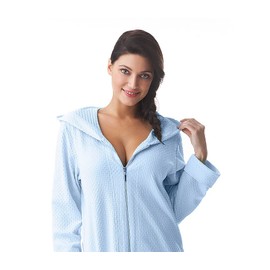 DOROTA Cuddly and modern women's cotton bathrobe with pockets, zip and hood, made in the EU, lightblue