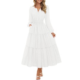 MEROKEETY Women's Fall Long Sleeve Maxi Dress 2025 Fashion Ruffle Tiered Boho Swiss Dots Wedding Guest Dresses, White, Medium