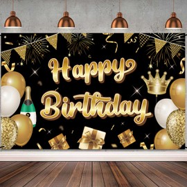RITZYBIZ 5x3 Feet Black and Gold Birthday Banner, Backdrop & Sign - Polyester, Perfect for Birthday Parties