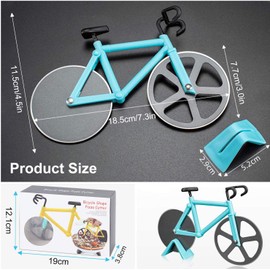 Zawtr Bicycle Pizza Cutter, Stainless Steel Pizza Cutter, Fun Non-Stick Pizza Roller, Double Pizza Cutter with Sharp Cutting Wheel & Stand for Christmas Party Gifts (Blue)