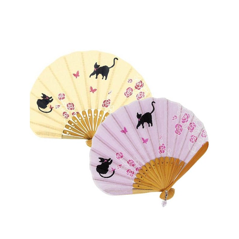 Fashionable kimono Iroha Cat and Butterfly Fan, Women’s Cloth Fan,,