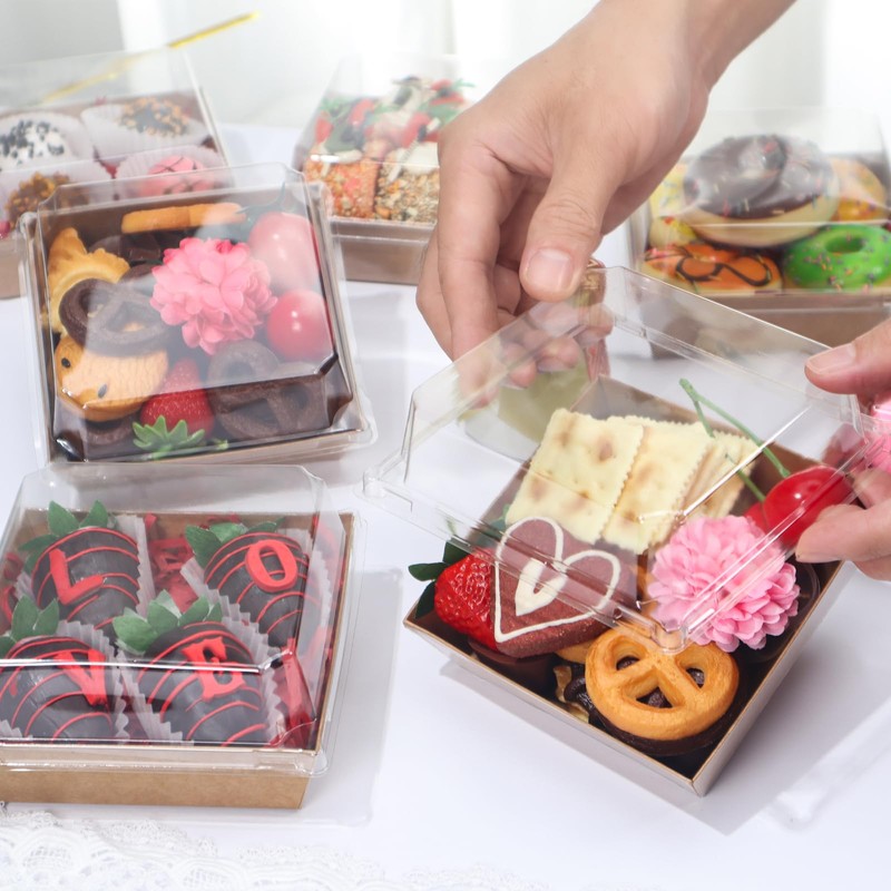 TEMLQPACK 50Pack 4x4x2.5 Inches Brown Charcuterie Boxes with Clear Lids: