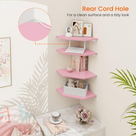 Homode Corner Shelf Wall Mount, Set of 4 Corner Floating Shelves, Wood Hanging Storage Shelving with Cord Hole, Wall Shelf Organizer for Bathroom Bedroom Living Room Office, Pink