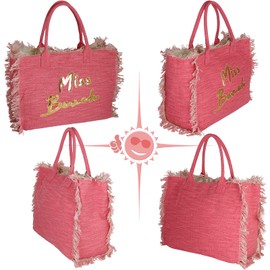 Miss Beach - Beach Bag with Zip - 29 or 17 Litre Volume - Picnic Bag - Canvas Shopper, Fuchsia XL