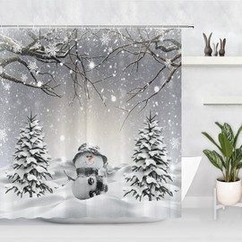 Abaysto Merry Christmas Winter Snowman Shower Curtain Xmas Tree Snowflake Scene Holiday Bathroom Decor Pine Tree Covered Snow Fabric Bath Curtains Set with Hooks 150X180 CM