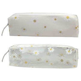 2 PCS Clear Plastic Daisy Pencil Case Bag Stationery Pouch Makeup Bag Pencil Organizer for School Office