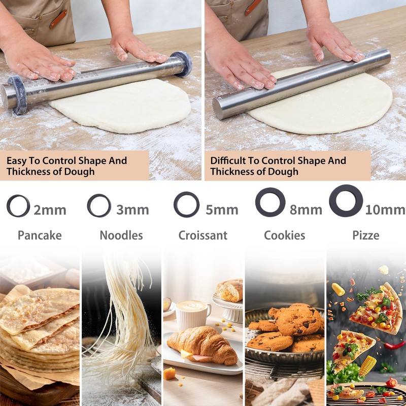 Adjustable Rolling Pin with Thickness Rings for Baking -Non Stick