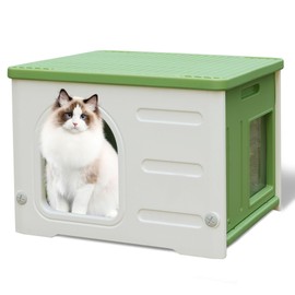 Plastic Cat House for Outdoor Indoor Use, Feral Cat Shelter Indoor Stackable Cat House Insulated Weatherproof Waterproof -Green