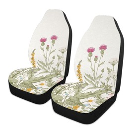 YINGQIGUAN 2 PCS Vintage Wildflower Car Seat Covers Retro Botanical Floral Flower Plant Herbs Sage Green Leaves Vehicle Seat Protector Cushion Cover Universal Car Accessories for SUV Truck Sedan