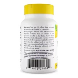 Vitamina D3 2000 UI y K2 200 mcg Cápsulas Healthy Origins 60 Caps
