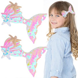 Mermaid Tail Hair Sparkling Pin Aurora Sequins Fish Tail Hairpin Crocodile Clips Hair Clip Starfish Shell Mermaid Design Hair Clips Accessories for Women and Girls-2 pcs（White)