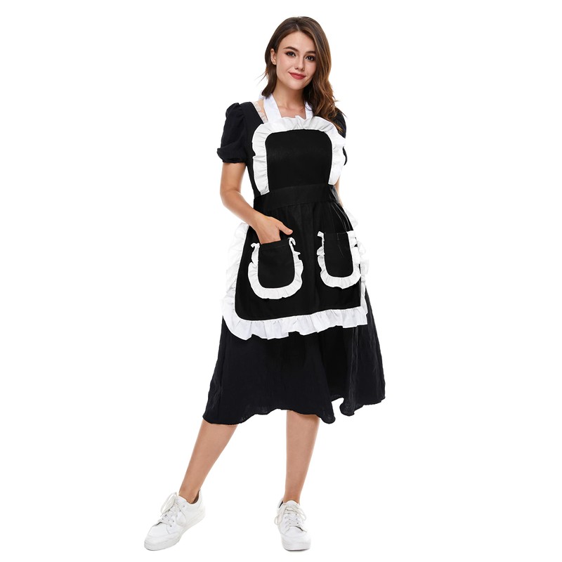 LilMents Women's Ruffles Outline Retro Pockets Apron Kitchen Cooking Cleaning