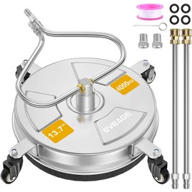 EVEAGE 13.7'' Pressure Washer Surface Cleaner with 4 Wheels Stainless Steel Surface Cleaner & Unique Bending Rod Design 2 Nozzles for Cleaning Driveway & Sidewalk, Max 4000PSI-EP002
