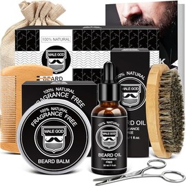 MALE GOD Kit de Barba - Set de Aseo con Aceite y Bálsamo Orgánicos, Cepillo y Peine de Madera, Tijeras, Caja de Regalo de Lujo, Bolsa de Nylon - Regal