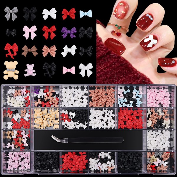 EBANKU 3100pcs Bows Nail Art Charms 3D Resin Nail Diamonds Rhinestones Bow Tie Shapes Jewels for Nails Gems Colorful Bow for Nail Charms with Tweezers