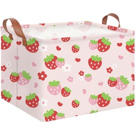 HKEC Rectangle Storage Basket with Handles,Collapsible Kids Toys Bin,Cute Baby Storage Basket,Books Box,Gift Basket(Strawberry)
