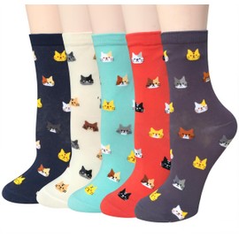 Chalier Womens Funny Socks Cozy Cute Printed Patterned Fun Sock Novelty Cat Dog Socks for Women, Cute Cat Multicolor 01(5 Pairs)