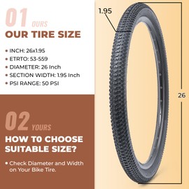 MetersGod 2 Pcs, 26 x 1.95 Bike Tires, Durable Folding 26 Inch 53-559 26x1.95 Mountain Bicycle Tires, Replacement Bike Tires for Mountain MTB Off-Road Bicycle, Clincher