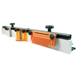 Peachtree Woodworking 32 inch Deluxe Router Table Fence with Featherboard •1/4 inch Aluminum Shims •Aluminum Extruded L Fence with Shim Offset Grooves •Router Bit Guard •Adjustment Knobs