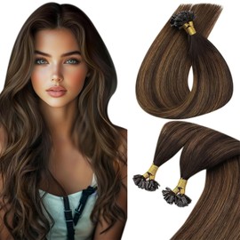 Sunny Hair U Tip Hair Extensions Human Hair Invisible Keratin Hair Extensions Straight Hair Extensions for Women 50G Dark Brown Balayage Brown 14inch