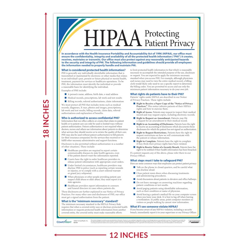 ComplyRight HIPAA Protecting Patient Privacy Poster | 12” x 18”